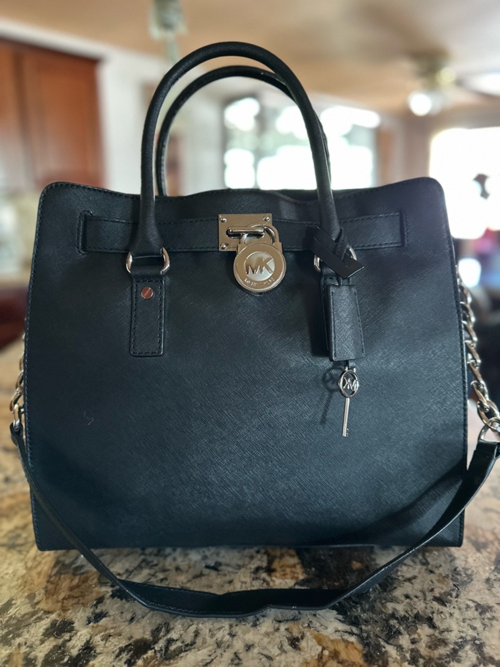 Michael Kors Black Saffiano Leather Hamilton Tote Satchel with Silver Hardware